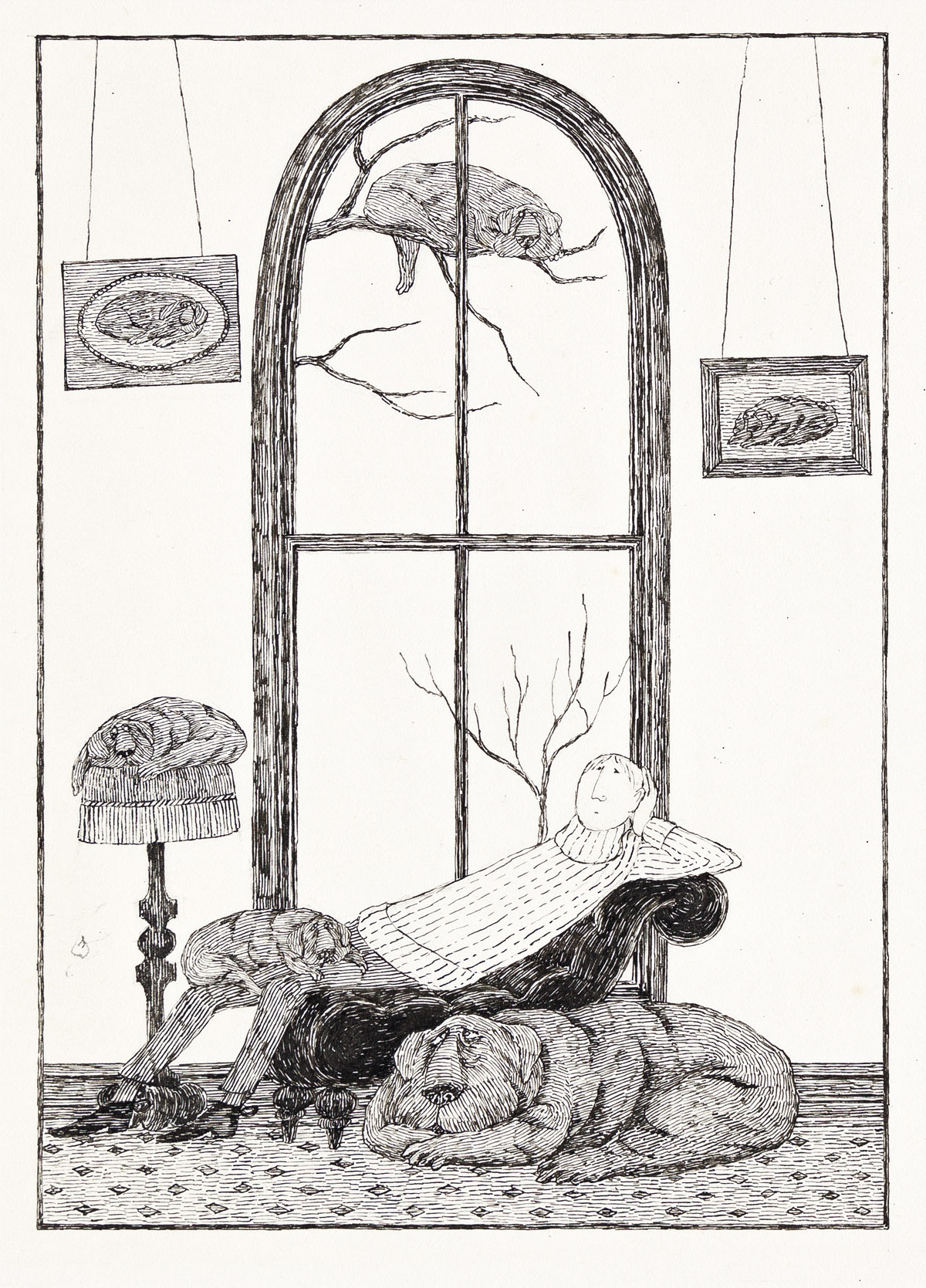 EDWARD GOREY (1925-2000) Untitled / Man lounging with hounds on a dreary day.